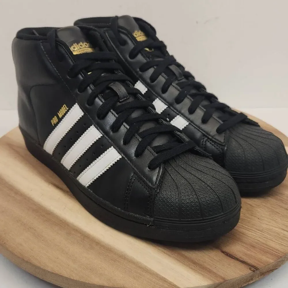 Adidas PRO MODEL GOLD Black Leather Sz 7.5 Men's Shoes B39368 Hi Top Sneakers